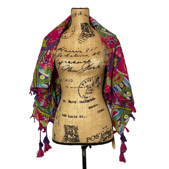 Barcelona Pink Colorful Floral Tassel Scarf - Picture 2 of 10